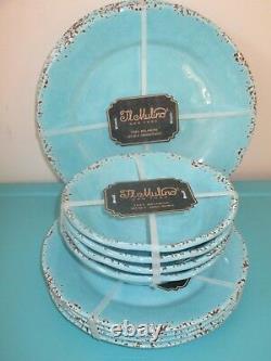 12 Set MELAMINE DINNER SALAD Plate BOWL IL MULINO Crackle Aqua Blue