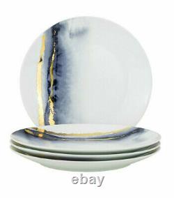 12-pc Euro Porcelain Marble Dinner Set 24K Gold Vintage Service for 4 Blue