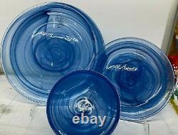 12 pc set Blue 4 Dinner 4 Salad Plates 4 Bowls Artistic Accents Glass Swirl New