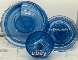 12 pc set Blue 4 Dinner 4 Salad Plates 4 Bowls Artistic Accents Glass Swirl New