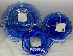 12 pcs set Cobalt Blue Dinner Salad Plate Bowl Glass Swirl Artistic Accents New