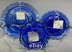 12 pcs set Cobalt Blue Dinner Salad Plate Bowl Glass Swirl Artistic Accents New