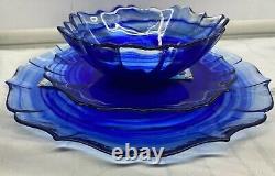 12 pcs set Cobalt Blue Dinner Salad Plate Bowl Glass Swirl Artistic Accents New