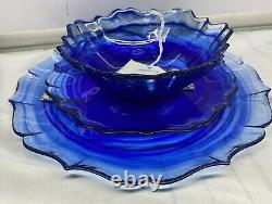12 pcs set Cobalt Blue Dinner Salad Plate Bowl Glass Swirl Artistic Accents New