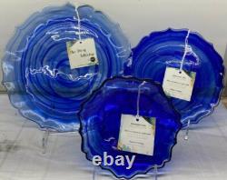 12 pcs set Cobalt Blue Dinner Salad Plate Bowl Glass Swirl Artistic Accents New