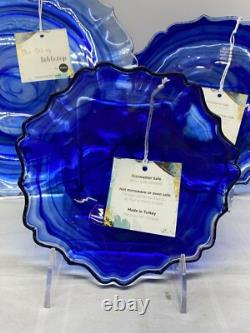 12 pcs set Cobalt Blue Dinner Salad Plate Bowl Glass Swirl Artistic Accents New