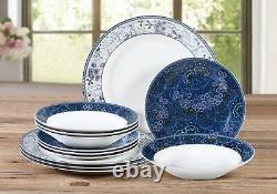 12pc Blue Dinner Set Porcelain Plates Bowls Dinnerware Crockery 4 Place Setting