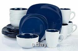16Pc Stoneware Square Crockery Dinner Set Plates Soup Bowls Mugs Blue Dining Set