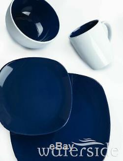 16Pc Stoneware Square Crockery Dinner Set Plates Soup Bowls Mugs Blue Dining Set