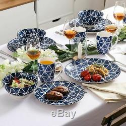16-Piece Dinner Set Porcelain Plates Bowls Dinnerware Crockery Hand Painted Blue