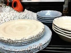16 Pier One Imports Melamine Carmelo Cream & Blue Distressed Dishes Beautiful
