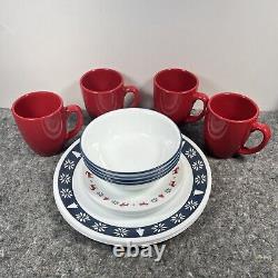 16pc Corelle Holiday Nordic Blu Dinnerware Set Christmas Trees Snow Blue Red