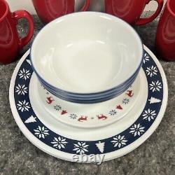 16pc Corelle Holiday Nordic Blu Dinnerware Set Christmas Trees Snow Blue Red