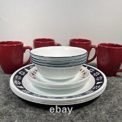 16pc Corelle Holiday Nordic Blu Dinnerware Set Christmas Trees Snow Blue Red