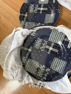 2008 Set 8 American Living Ironstone Selvedge Patchwork Blue 11 Dinner Plate