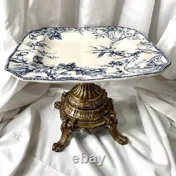 222 Fifth Adelaide Square Dinner Plate 11 Blue White with Ornate Heavy Brass Base