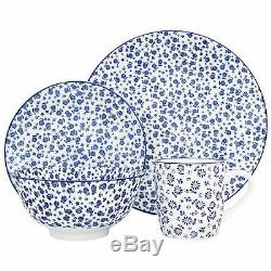 24 Piece Dinner Set Porcelain Plates Bowls Mugs Patterned Crockery Floral Blue