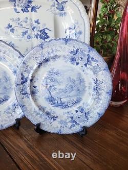 2 Antique Blue Transferware Staffordshire 10.1/4 Dinner Plates Durham Cathedral