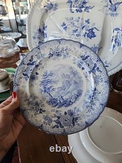 2 Antique Blue Transferware Staffordshire 10.1/4 Dinner Plates Durham Cathedral