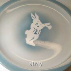 2 SYRACUSE CHINA Plates Blue Airbrush White Rabbit & Plane Restaurant Ware RARE