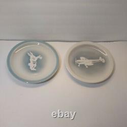 2 SYRACUSE CHINA Plates Blue Airbrush White Rabbit & Plane Restaurant Ware RARE