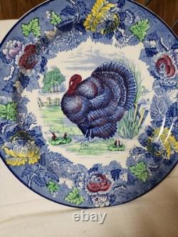 2 Woods Burslem England Blue Multi Color Turkey Dinner Plates 10