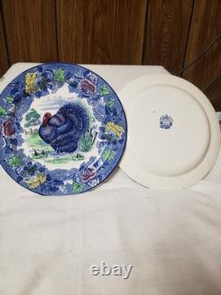 2 Woods Burslem England Blue Multi Color Turkey Dinner Plates 10