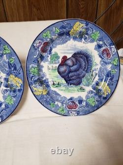 2 Woods Burslem England Blue Multi Color Turkey Dinner Plates 10