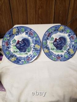2 Woods Burslem England Blue Multi Color Turkey Dinner Plates 10