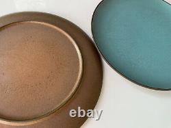 2pc Vintage Heath Ceramics Turquoise Aqua Blue Brown Dinner Plates Coupe Line