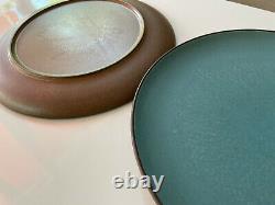 2pc Vintage Heath Ceramics Turquoise Aqua Blue Brown Dinner Plates Coupe Line