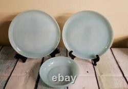 3 Fire King Anchor Hocking Turquoise Delphite Blue Dinner Plates & Soup Bowl 3