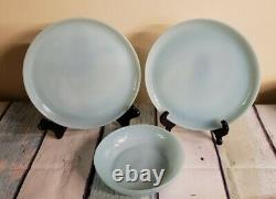 3 Fire King Anchor Hocking Turquoise Delphite Blue Dinner Plates & Soup Bowl 3