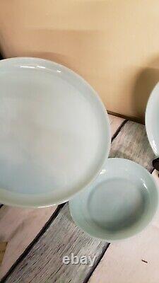 3 Fire King Anchor Hocking Turquoise Delphite Blue Dinner Plates & Soup Bowl 3