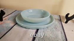 3 Fire King Anchor Hocking Turquoise Delphite Blue Dinner Plates & Soup Bowl 3