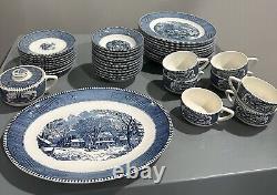 40 Piece Set Currier & Ives Old Grist Mill Dinnerware EUC Plates, Bowls, Cups