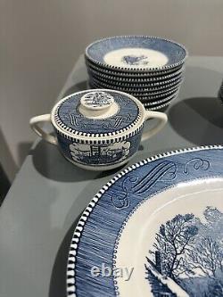 40 Piece Set Currier & Ives Old Grist Mill Dinnerware EUC Plates, Bowls, Cups