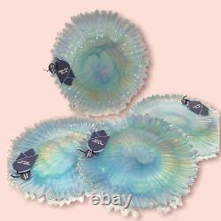 4 Alabaster Glass Blue Aqua Iridescent Turkey Opalescent Dinner Plates 12.5