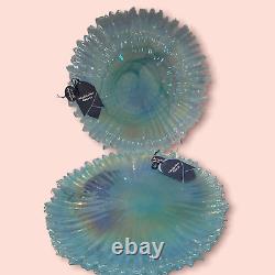 4 Alabaster Glass Blue Aqua Iridescent Turkey Opalescent Dinner Plates 12.5