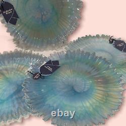 4 Alabaster Glass Blue Aqua Iridescent Turkey Opalescent Dinner Plates 12.5