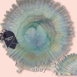 4 Alabaster Glass Blue Aqua Iridescent Turkey Opalescent Dinner Plates 12.5