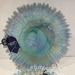 4 Alabaster Glass Blue Aqua Iridescent Turkey Opalescent Dinner Plates 12.5