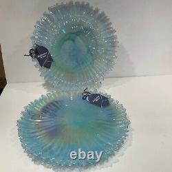 4 Alabaster Glass Blue Aqua Iridescent Turkey Opalescent Dinner Plates 12.5