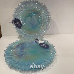 4 Alabaster Glass Blue Aqua Iridescent Turkey Opalescent Dinner Plates 12.5