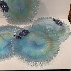 4 Alabaster Glass Blue Aqua Iridescent Turkey Opalescent Dinner Plates 12.5