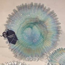 4 Alabaster Glass Blue Aqua Iridescent Turkey Opalescent Dinner Plates 12.5