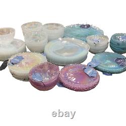 4 Alabaster Glass Blue Aqua Iridescent Turkey Opalescent Dinner Plates 12.5