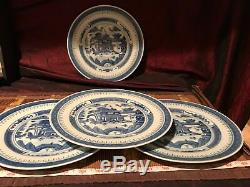 4 Asian Porcelain Blue & White Canton Design 9 Dinner Plates
