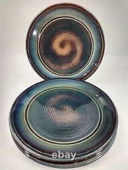 4 Bill Campbell Studios Pottery Dinner Plates Set Pink Blue Drip Swirl Flambe