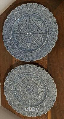 4 Majolica Bordallo Pinheiro Blue Basketweave Dinner Plates Dish Portugal 10.5